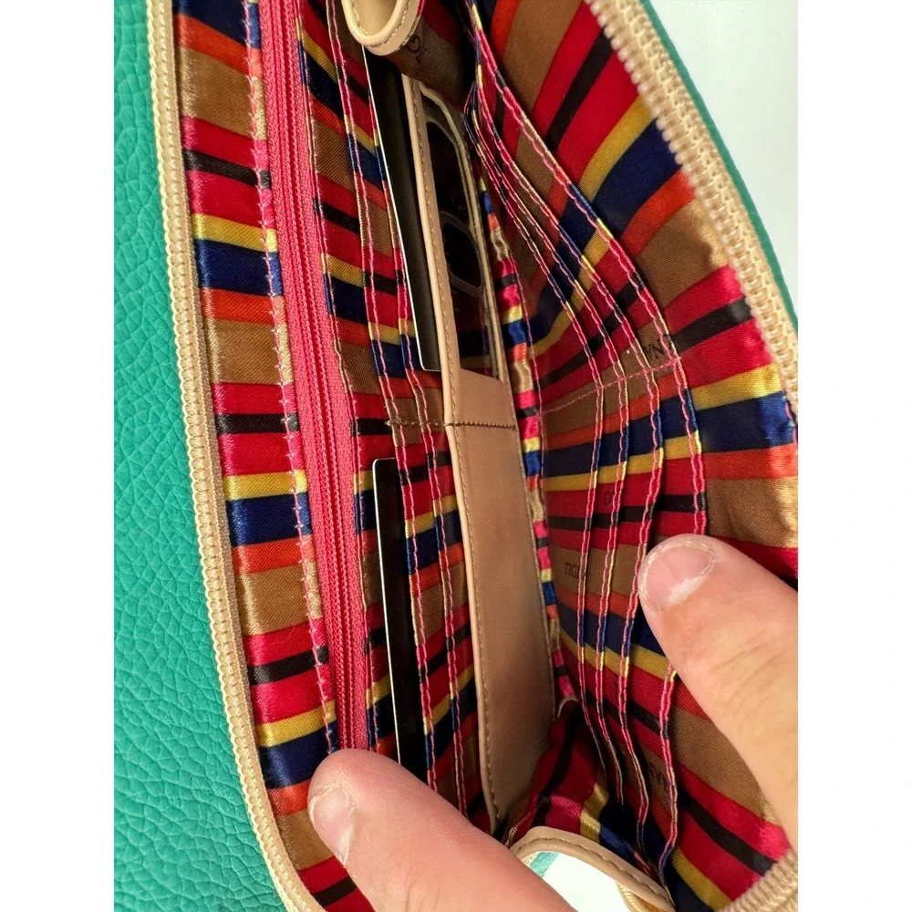 Tignanello Crossbody Bag Women Small Teal Leather Tan Trim New With Tags